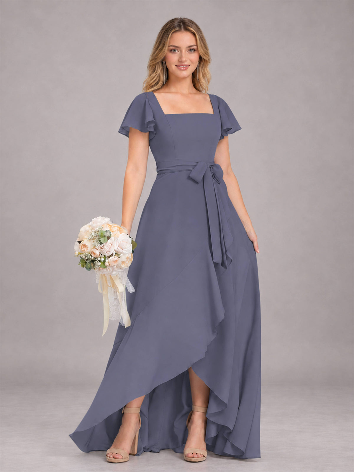 Stormy Blue Refined High Low Ruffles Chiffon Bridesmaid Dress with Belt