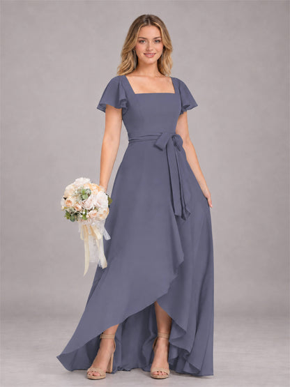 Stormy Blue Refined High Low Ruffles Chiffon Bridesmaid Dress with Belt