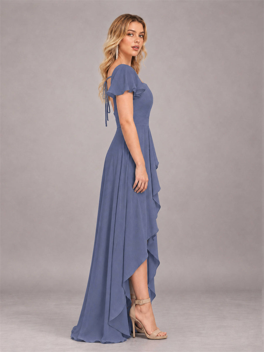 Stormy Blue Refined High Low Ruffles Chiffon Bridesmaid Dress with Belt