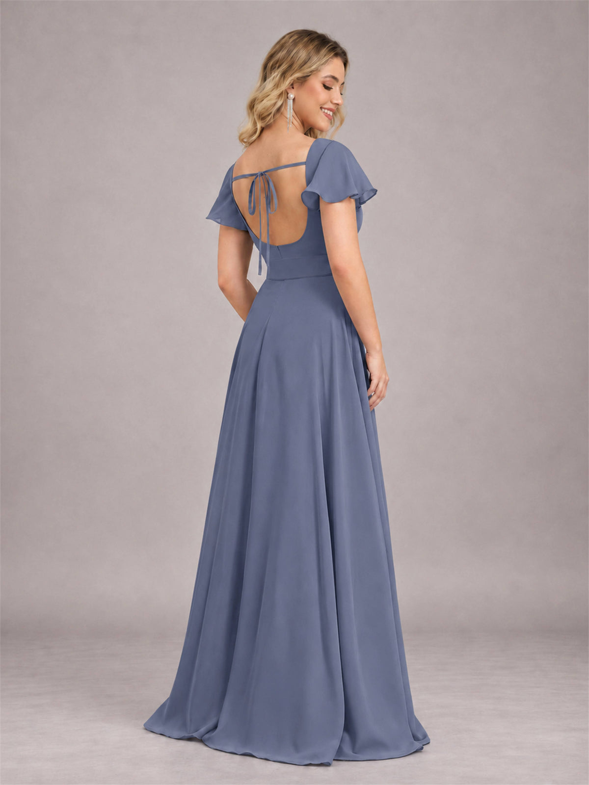 Stormy Blue Refined High Low Ruffles Chiffon Bridesmaid Dress with Belt