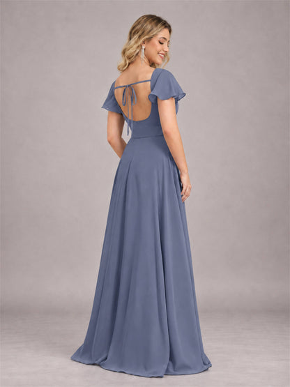 Stormy Blue Refined High Low Ruffles Chiffon Bridesmaid Dress with Belt