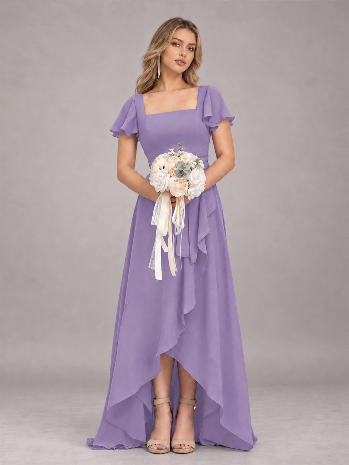 Tahiti Refined High Low Ruffles Chiffon Bridesmaid Dress with Belt