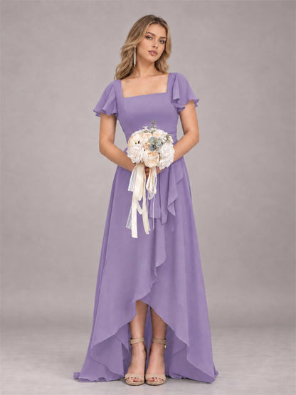 Tahiti Refined High Low Ruffles Chiffon Bridesmaid Dress with Belt
