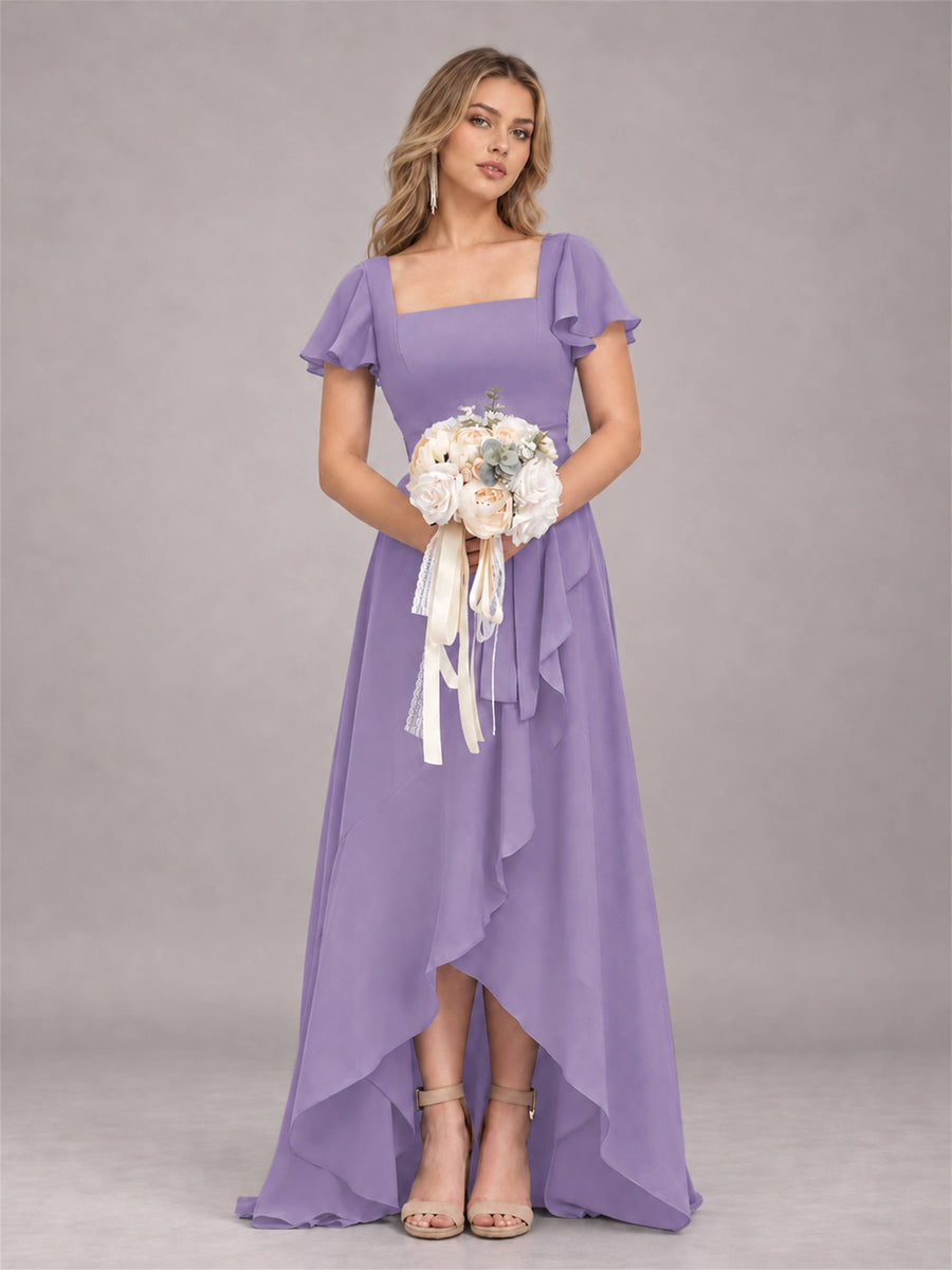 Tahiti Refined High Low Ruffles Chiffon Bridesmaid Dress with Belt