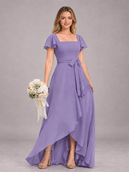 Tahiti Refined High Low Ruffles Chiffon Bridesmaid Dress with Belt