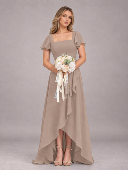 Taupe Refined High Low Ruffles Chiffon Bridesmaid Dress with Belt