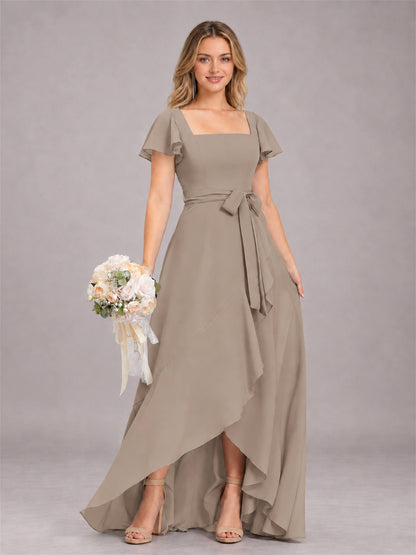 Taupe Refined High Low Ruffles Chiffon Bridesmaid Dress with Belt