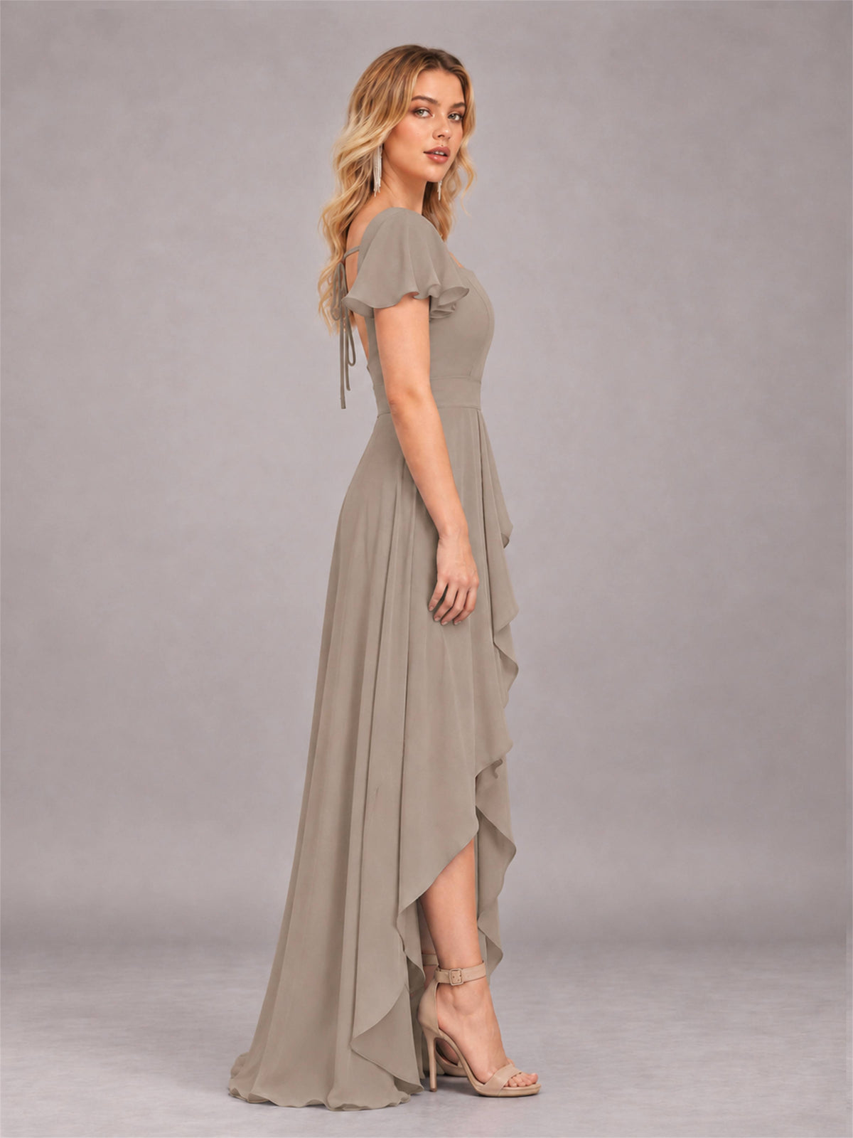 Taupe Refined High Low Ruffles Chiffon Bridesmaid Dress with Belt