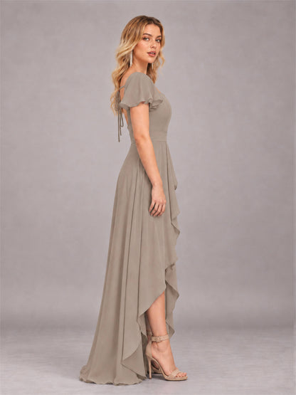 Taupe Refined High Low Ruffles Chiffon Bridesmaid Dress with Belt