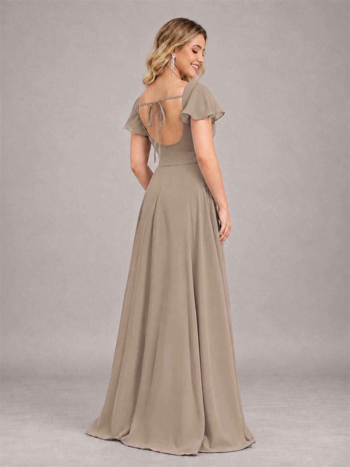 Taupe Refined High Low Ruffles Chiffon Bridesmaid Dress with Belt