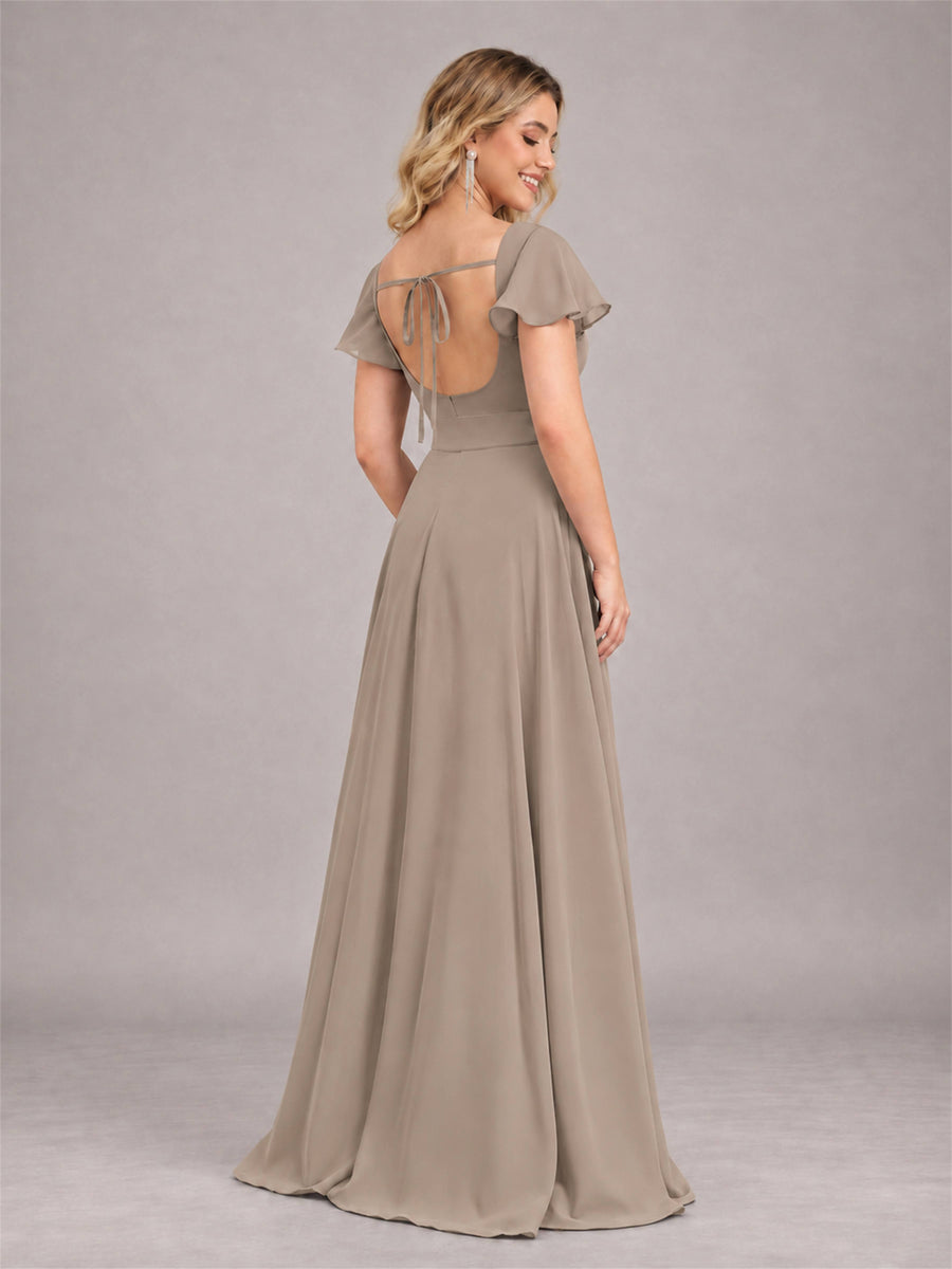 Taupe Refined High Low Ruffles Chiffon Bridesmaid Dress with Belt