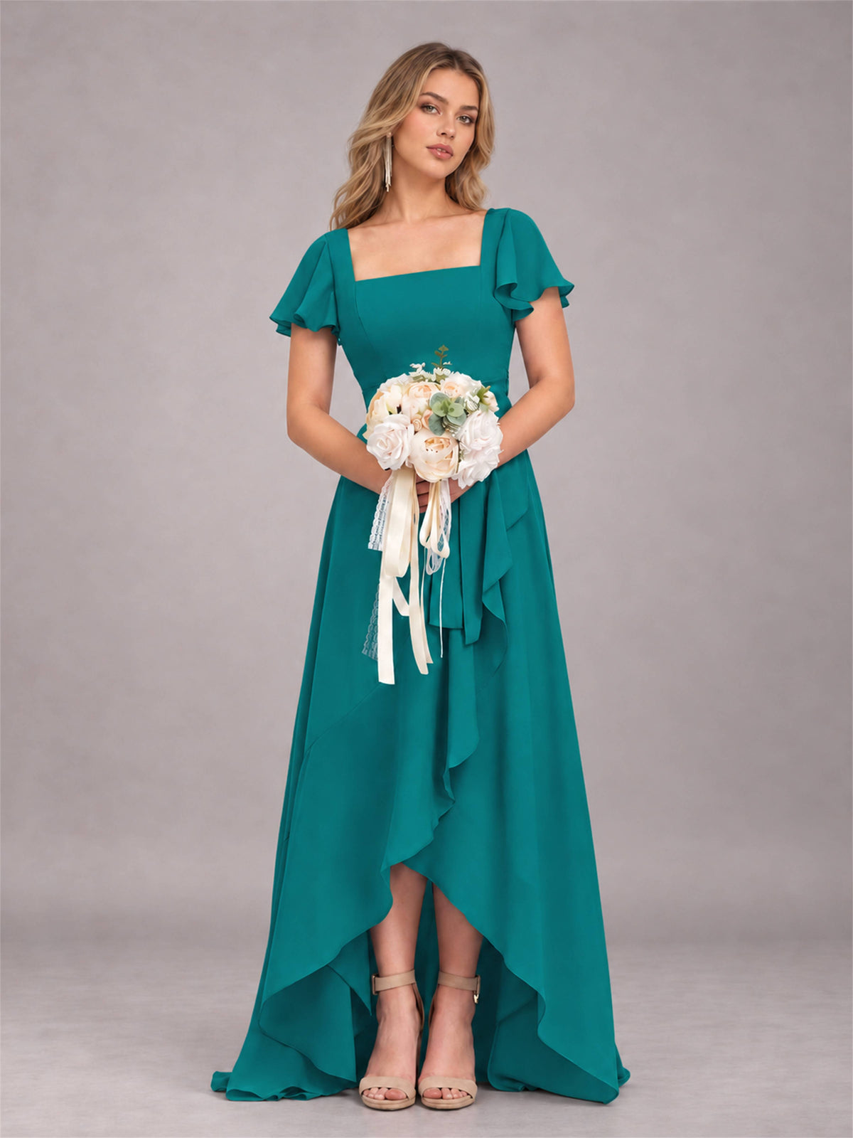 Teal Refined High Low Ruffles Chiffon Bridesmaid Dress with Belt