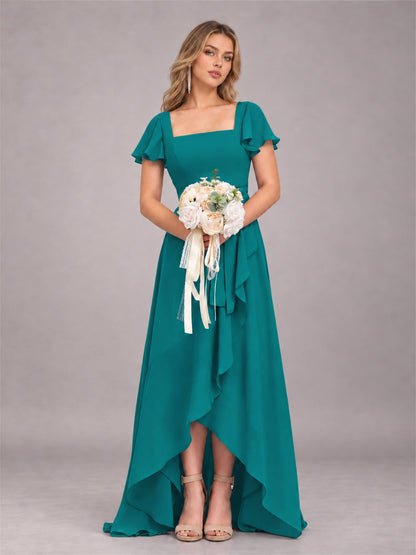 Teal Refined High Low Ruffles Chiffon Bridesmaid Dress with Belt