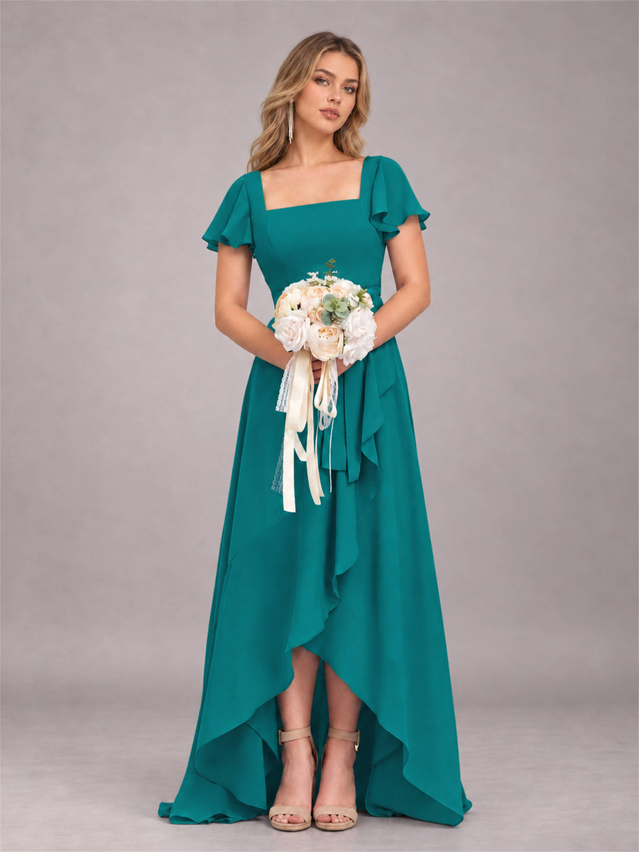 Teal Refined High Low Ruffles Chiffon Bridesmaid Dress with Belt