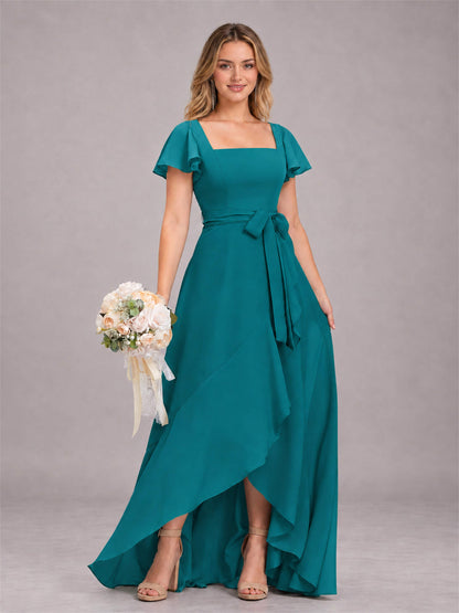 Teal Refined High Low Ruffles Chiffon Bridesmaid Dress with Belt