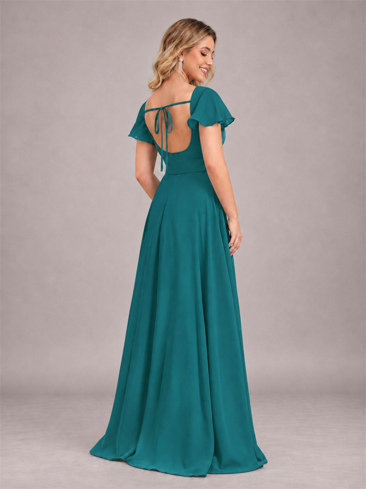 Teal Refined High Low Ruffles Chiffon Bridesmaid Dress with Belt