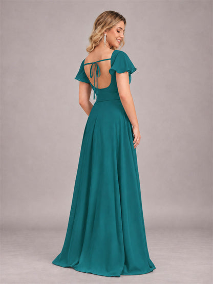 Teal Refined High Low Ruffles Chiffon Bridesmaid Dress with Belt