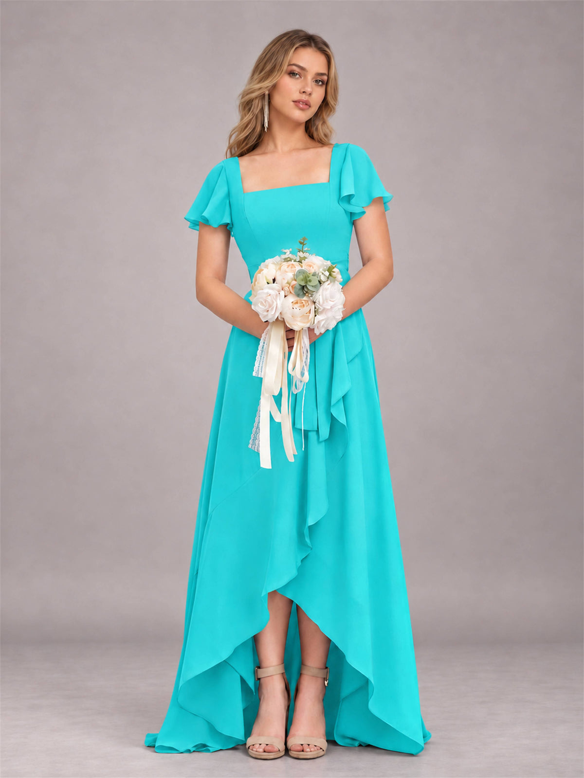Turquoise Refined High Low Ruffles Chiffon Bridesmaid Dress with Belt