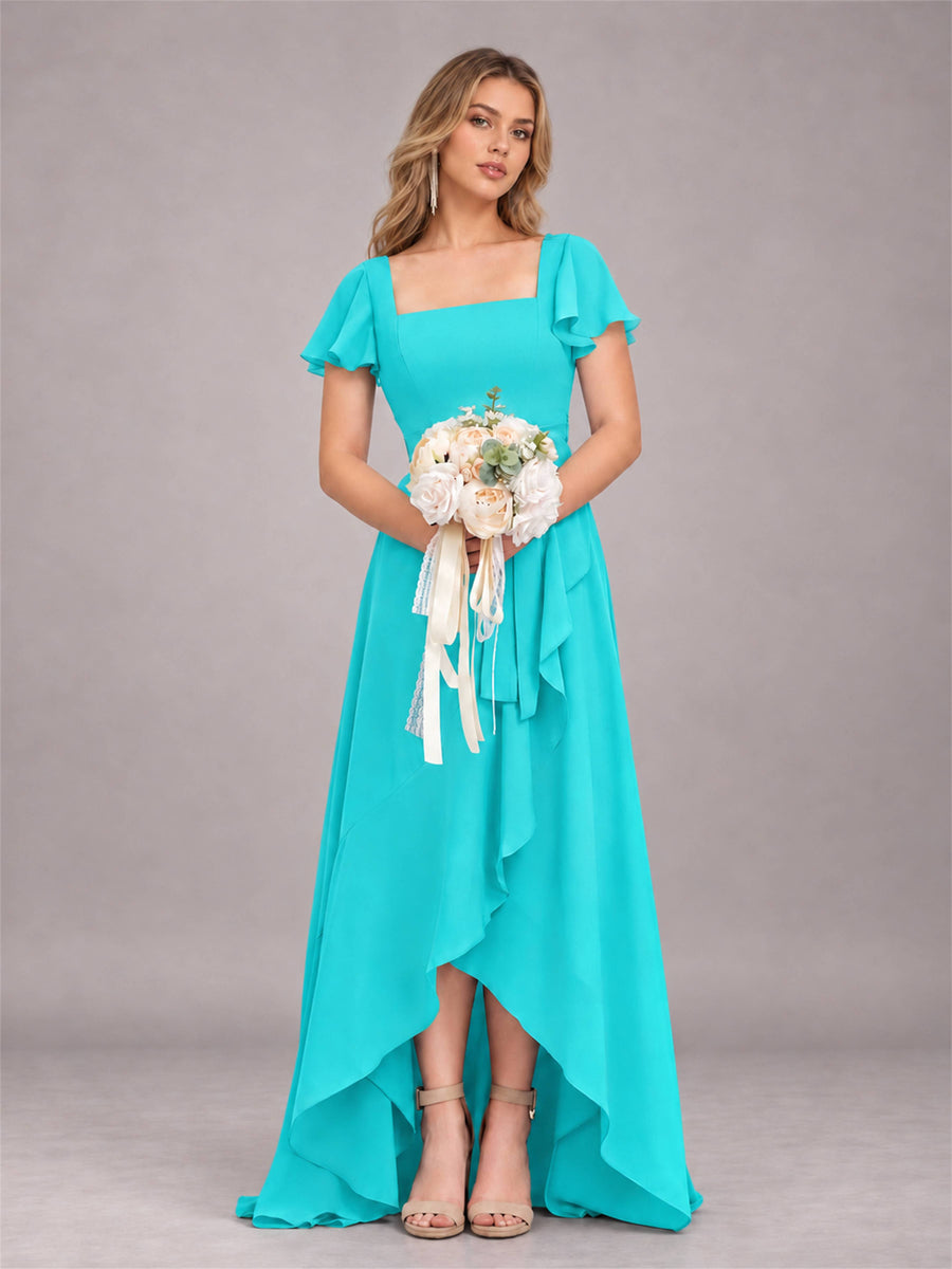 Turquoise Refined High Low Ruffles Chiffon Bridesmaid Dress with Belt