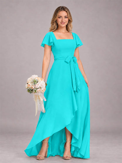 Turquoise Refined High Low Ruffles Chiffon Bridesmaid Dress with Belt