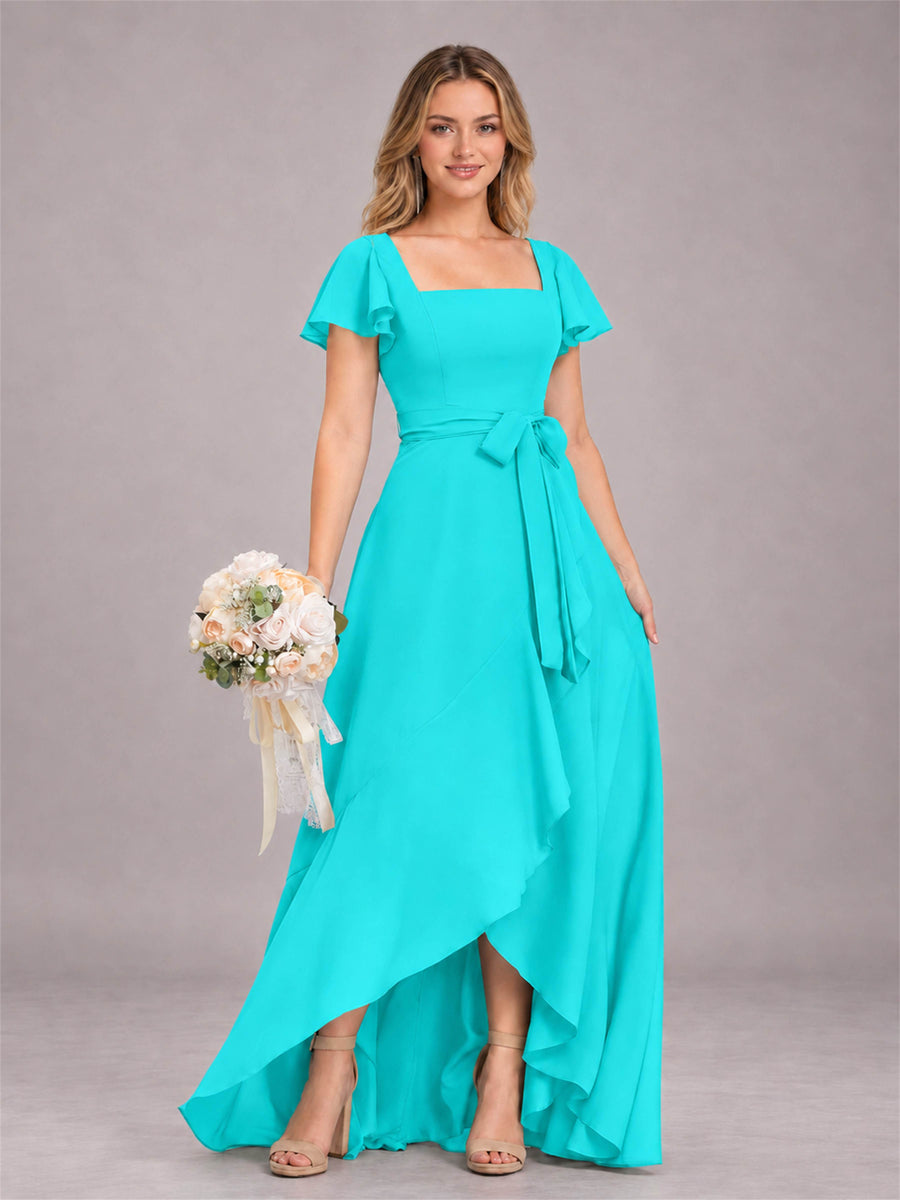 Turquoise Refined High Low Ruffles Chiffon Bridesmaid Dress with Belt