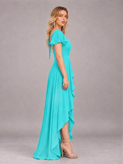 Turquoise Refined High Low Ruffles Chiffon Bridesmaid Dress with Belt