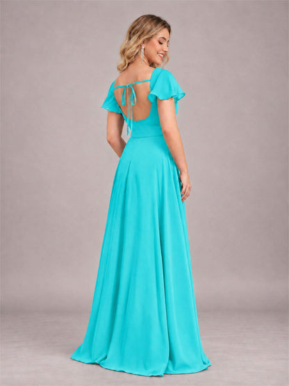 Turquoise Refined High Low Ruffles Chiffon Bridesmaid Dress with Belt
