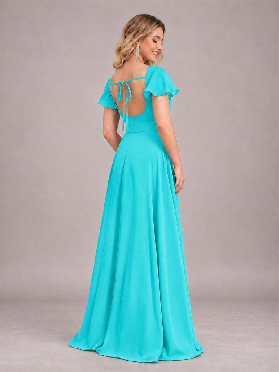 Turquoise Refined High Low Ruffles Chiffon Bridesmaid Dress with Belt