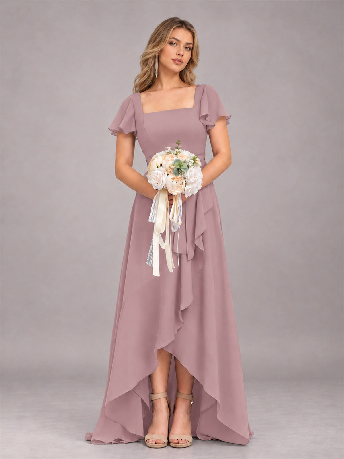 Vintage Mauve Refined High Low Ruffles Chiffon Bridesmaid Dress with Belt