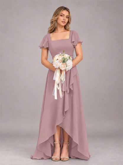 Vintage Mauve Refined High Low Ruffles Chiffon Bridesmaid Dress with Belt