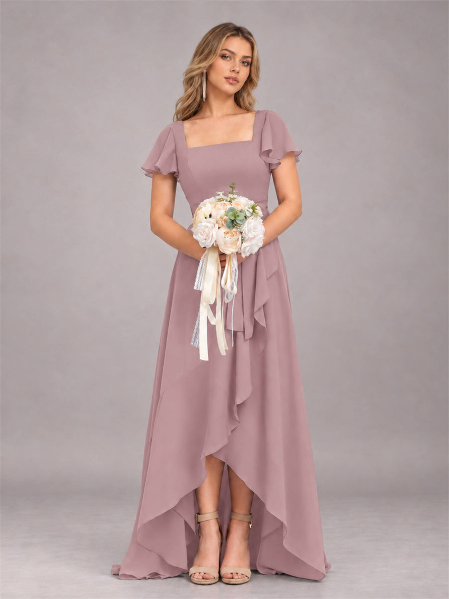Vintage Mauve Refined High Low Ruffles Chiffon Bridesmaid Dress with Belt