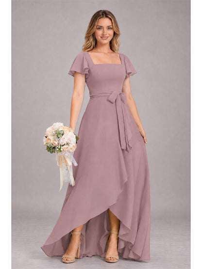 Vintage Mauve Refined High Low Ruffles Chiffon Bridesmaid Dress with Belt
