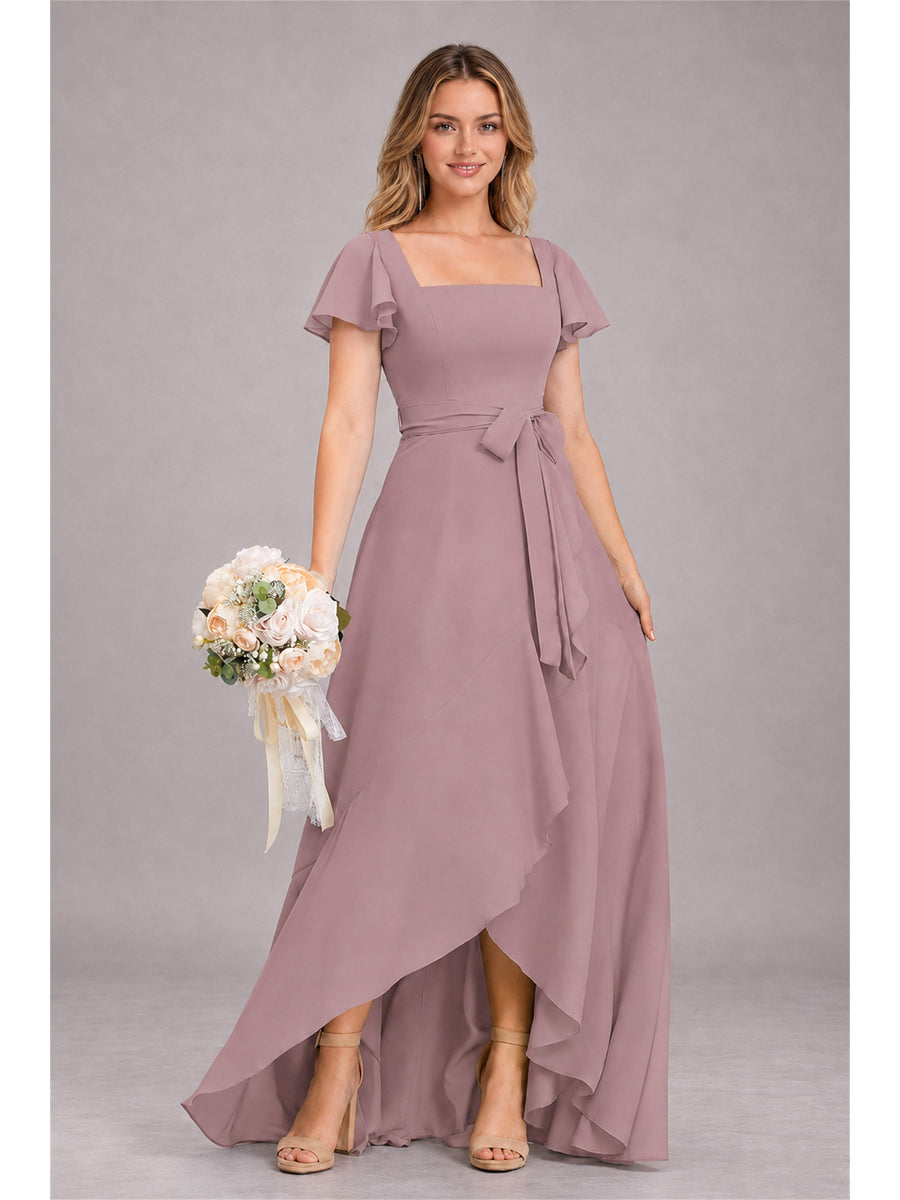 Vintage Mauve Refined High Low Ruffles Chiffon Bridesmaid Dress with Belt