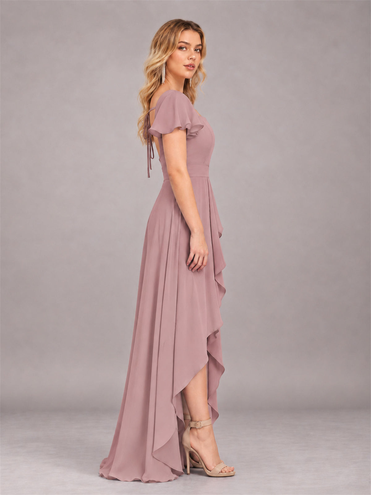 Vintage Mauve Refined High Low Ruffles Chiffon Bridesmaid Dress with Belt