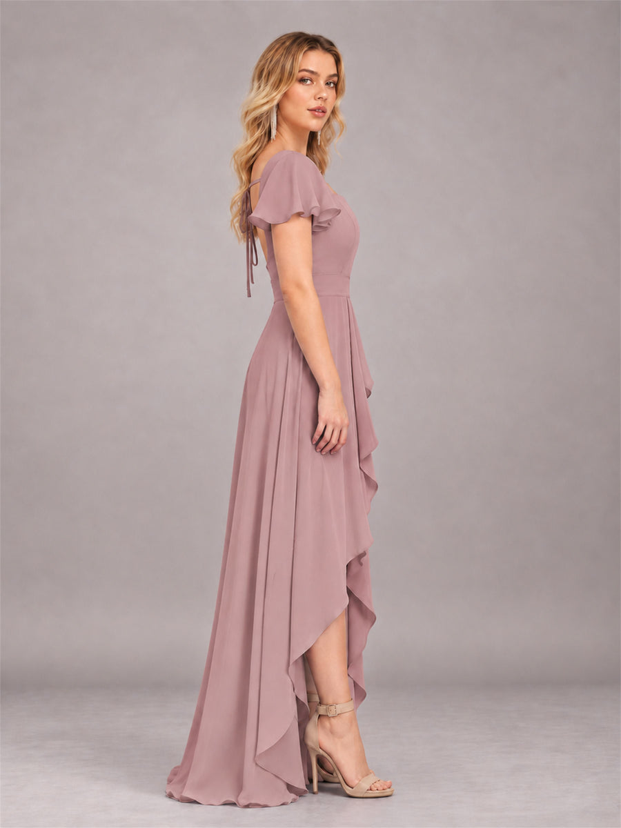 Vintage Mauve Refined High Low Ruffles Chiffon Bridesmaid Dress with Belt
