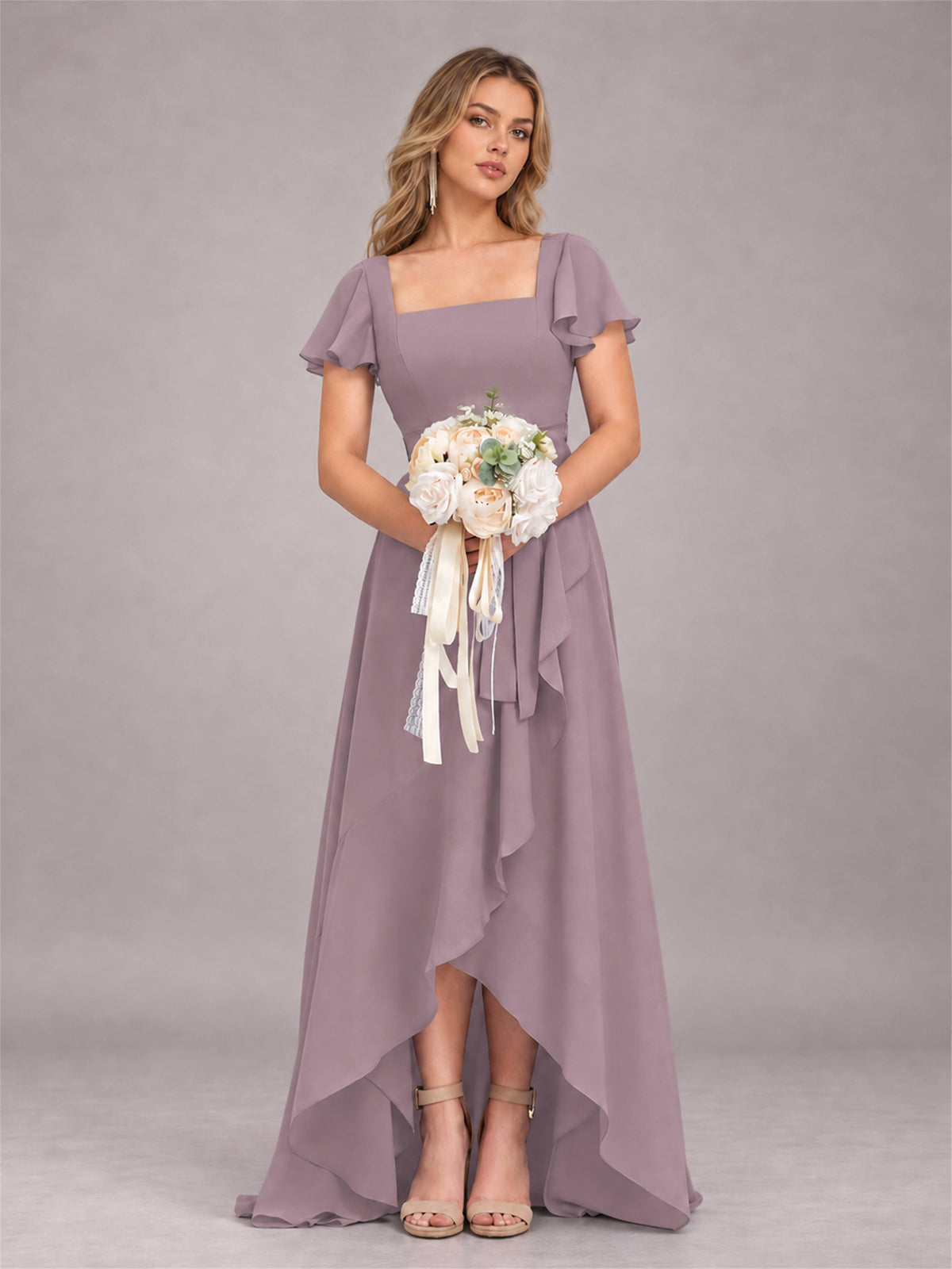 Wisteria Refined High Low Ruffles Chiffon Bridesmaid Dress with Belt