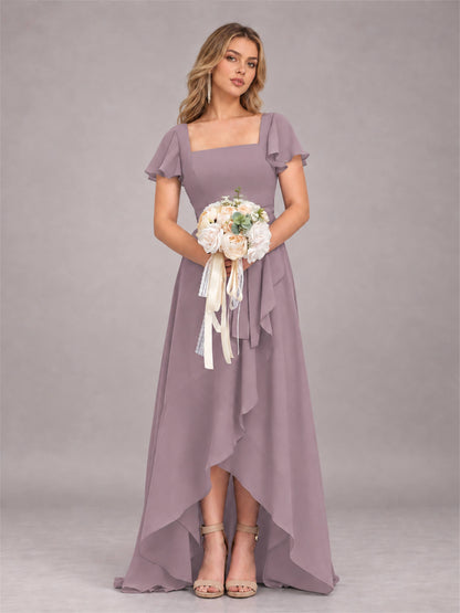 Wisteria Refined High Low Ruffles Chiffon Bridesmaid Dress with Belt
