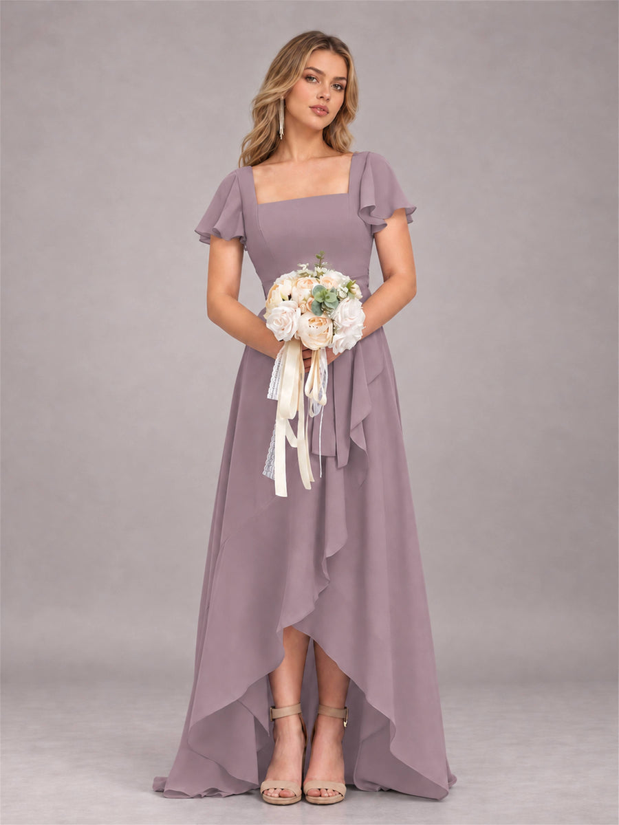 Wisteria Refined High Low Ruffles Chiffon Bridesmaid Dress with Belt