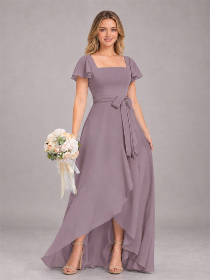 Wisteria Refined High Low Ruffles Chiffon Bridesmaid Dress with Belt