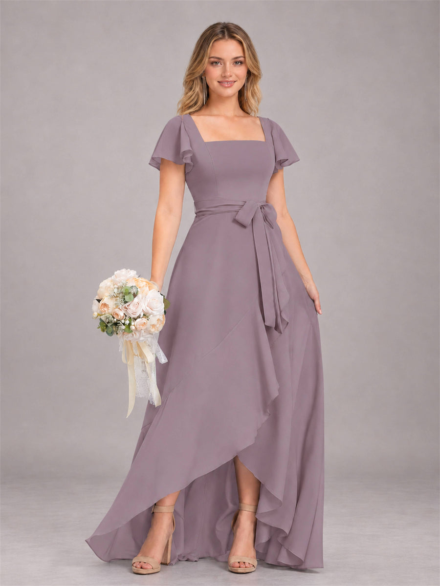 Wisteria Refined High Low Ruffles Chiffon Bridesmaid Dress with Belt