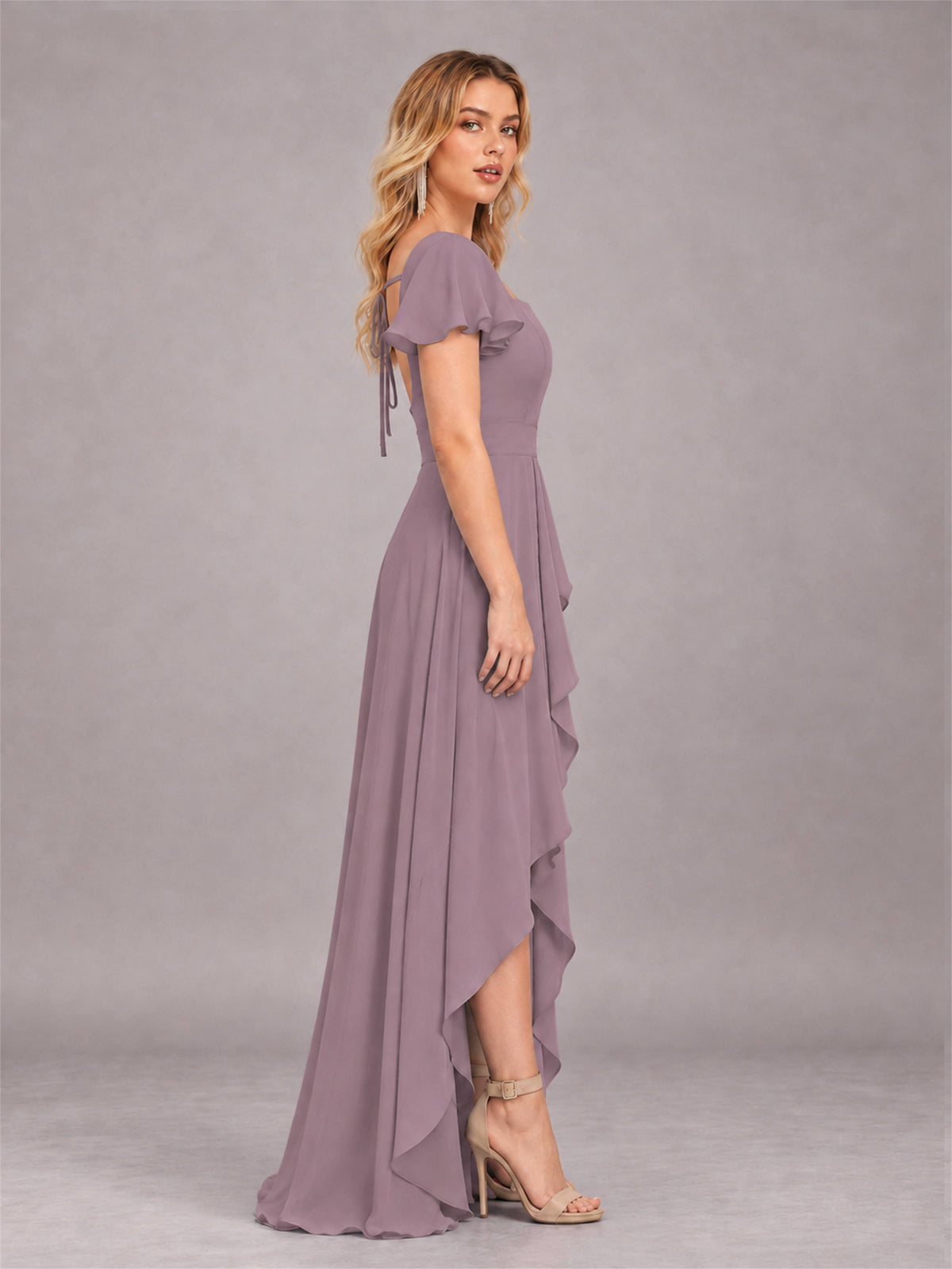 Wisteria Refined High Low Ruffles Chiffon Bridesmaid Dress with Belt