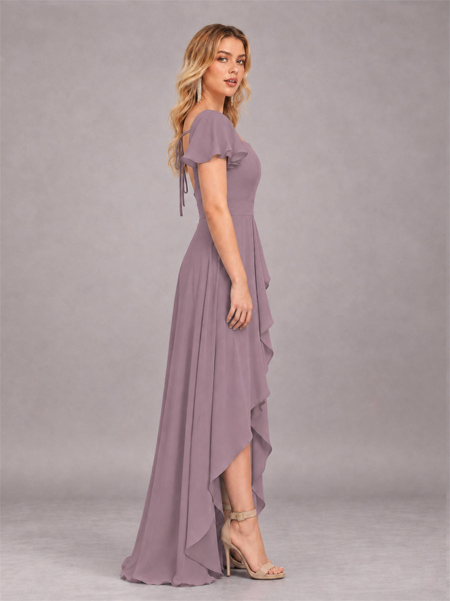 Wisteria Refined High Low Ruffles Chiffon Bridesmaid Dress with Belt