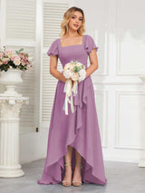Refined High Low Ruffles Chiffon Bridesmaid Dresses with Belt