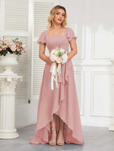 Refined High Low Ruffles Chiffon Bridesmaid Dresses with Belt