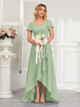 Refined High Low Ruffles Chiffon Bridesmaid Dresses with Belt