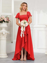 Refined High Low Ruffles Chiffon Bridesmaid Dresses with Belt