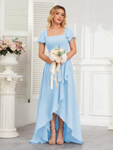 Refined High Low Ruffles Chiffon Bridesmaid Dresses with Belt