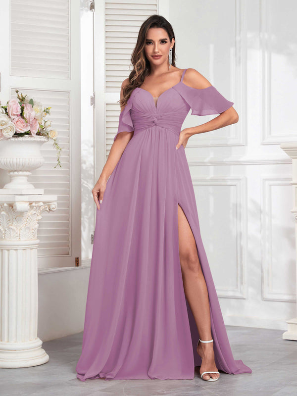 Dusty Purple Refined Off The Shoulder Spaghetti Straps Chiffon Bridesmaid Dresses