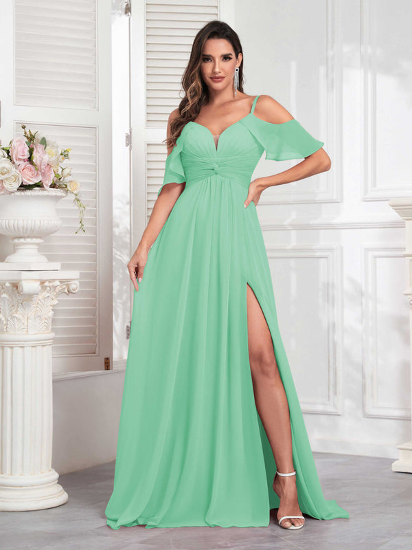 Mint Green Refined Off The Shoulder Spaghetti Straps Chiffon Bridesmaid Dresses