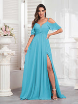 Refined Off The Shoulder Spaghetti Straps Chiffon Bridesmaid Dresses